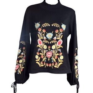 mock neck sweater  floral embroidery lantern sleeves bow ties black knit fabric